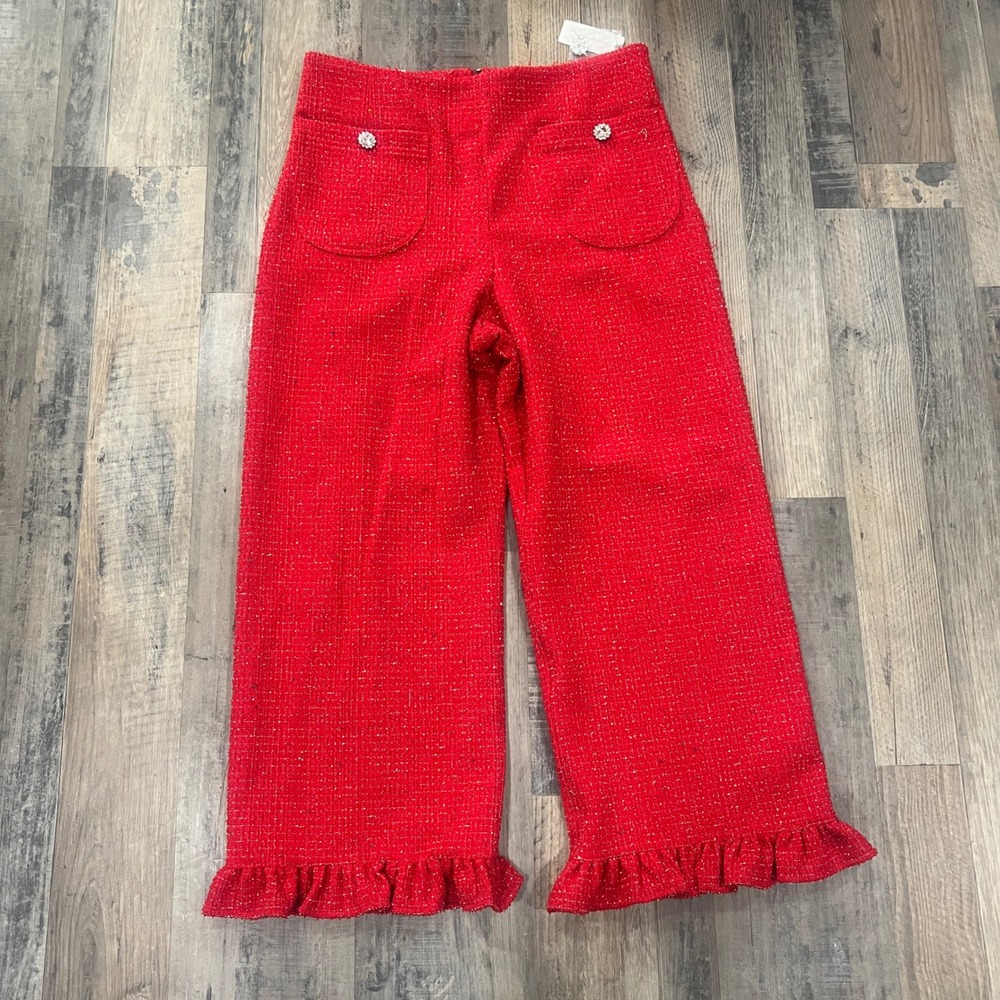 Maeve Anthropologie Red Boucle Tweed Ruffle Hem Wide Leg Pants Crystal Button - Picture 1 of 12